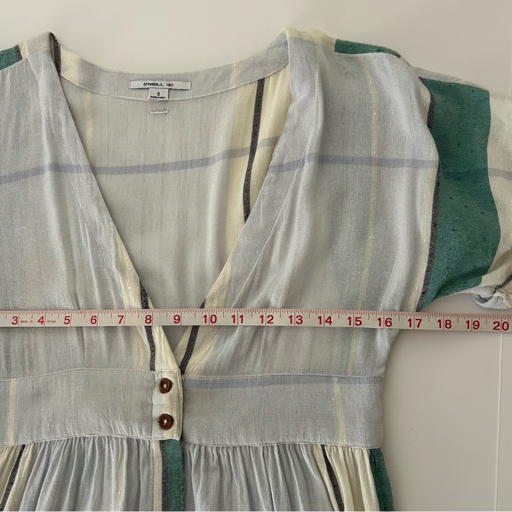 Oneill Reid Multi Striped White Green Button Up Plunge V-Neck Midi Dress Small - Picture 15 of 15